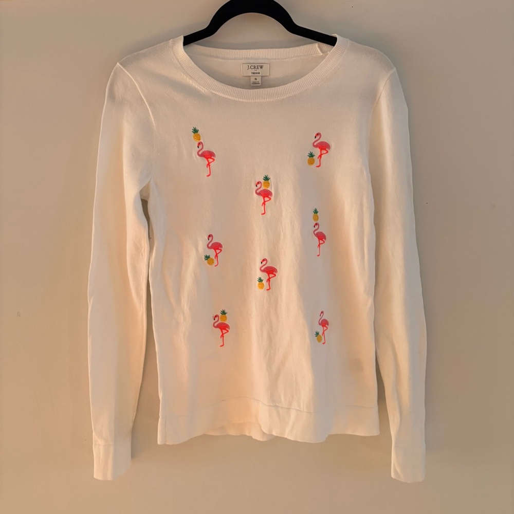 J. Crew Lightweight White Sweater with Flamingo and Pineapple Embroidery Size S